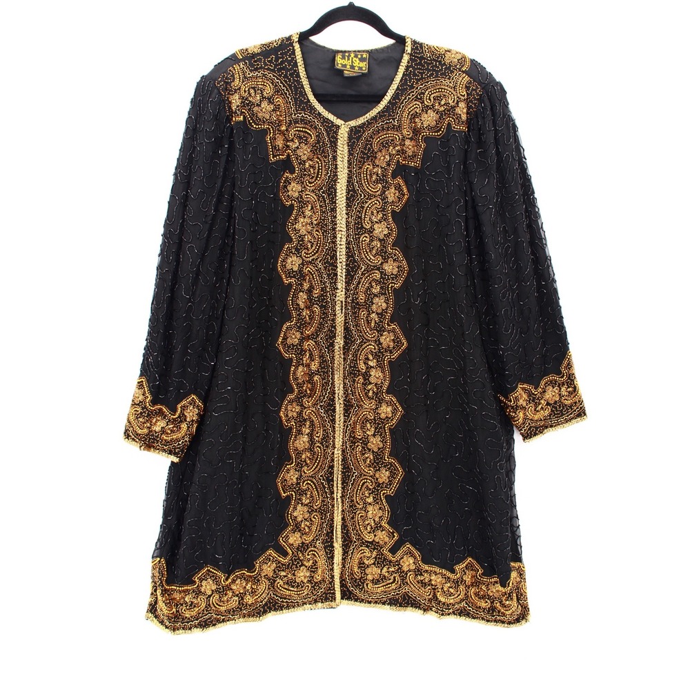 Gold Star Beaded Evening Coat womens 4X Black Gold Gatsby Formal‎ Vintage